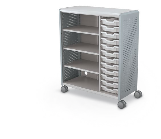 MooreCo Maxi H3 — Peg / No Doors / (12) 3" Totes + Left Hand Shelves. Verified matching front configuration; back panel is not visible. Finish representative.
