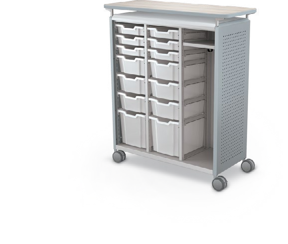 MooreCo Maxi H3 — Peg / No Doors / (6) 3" Totes + (6) 6" Totes + (2) 12" Totes + RH Wardrobe / Laminate. Verified matching front configuration; back panel is not visible. Finish representative.
