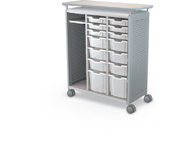 MooreCo Maxi H3 — Peg / No Doors / (6) 3" Totes + (6) 6" Totes + (2) 12" Totes + LH Wardrobe / Laminate. Verified matching front configuration; back panel is not visible. Finish representative.