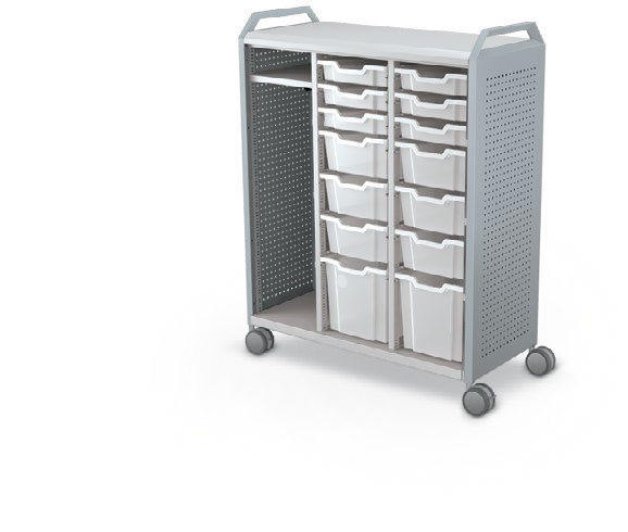 MooreCo Maxi H3 — Peg / No Doors / (6) 3" Totes + (6) 6" Totes + (2) 12" Totes + LH Wardrobe / Handles. Verified matching front configuration; back panel is not visible. Finish representative.