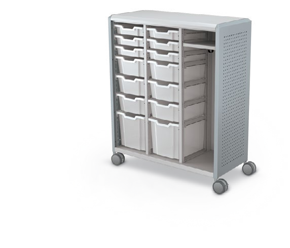 MooreCo Maxi H3 — Peg / No Doors / (6) 3" Totes + (6) 6" Totes + (2) 12" Totes + RH Wardrobe. Verified matching front configuration; back panel is not visible. Finish representative.