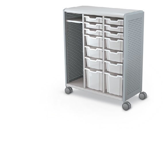 MooreCo Maxi H3 — Peg / No Doors / (6) 3" Totes + (6) 6" Totes + (2) 12" Totes + LH Wardrobe. Verified matching front configuration; back panel is not visible. Finish representative.