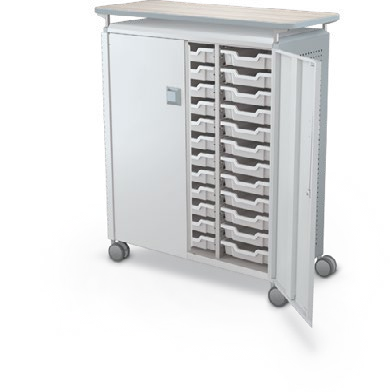MooreCo Maxi H3 — Peg / With Doors / (36) 3" Totes / Laminate. Verified matching front configuration; back panel is not visible. Finish representative.