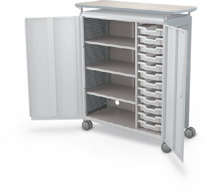 MooreCo Maxi H3 — Peg / With Doors / (12) 3" Totes + Left Hand Shelves / Laminate. Verified matching front configuration; back panel is not visible. Finish representative.