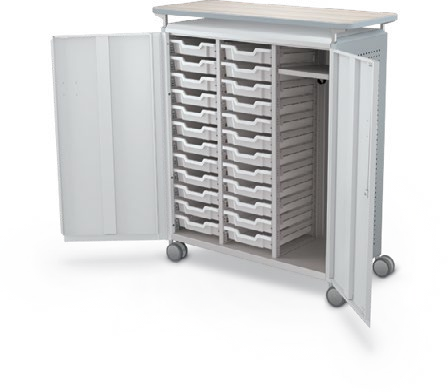 MooreCo Maxi H3 — Peg / With Doors / (24) 3" Totes + RH Wardrobe / Laminate. Verified matching front configuration; back panel is not visible. Finish representative.