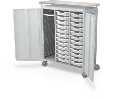 MooreCo Maxi H3 — Peg / With Doors / (24) 3" Totes + LH Wardrobe / Laminate. Verified matching front configuration; back panel is not visible. Finish representative.