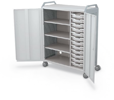 MooreCo Maxi H3 — Peg / With Doors / (12) 3" Totes + Left Hand Shelves / Handles. Verified matching front configuration; back panel is not visible. Finish representative.