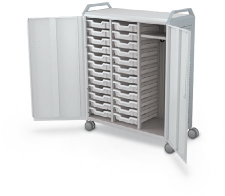 MooreCo Maxi H3 — Peg / With Doors / (24) 3" Totes + RH Wardrobe / Handles. Verified matching front configuration; back panel is not visible. Finish representative.