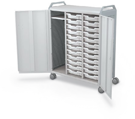 MooreCo Maxi H3 — Peg / With Doors / (24) 3" Totes + LH Wardrobe / Handles. Verified matching front configuration; back panel is not visible. Finish representative.