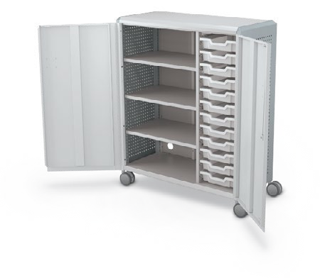 MooreCo Maxi H3 — Peg / With Doors / (12) 3" Totes + Left Hand Shelves. Verified matching front configuration; back panel is not visible. Finish representative.