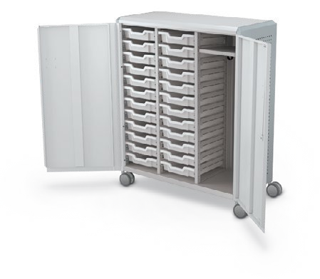 MooreCo Maxi H3 — Peg / With Doors / (24) 3" Totes + RH Wardrobe. Verified matching front configuration; back panel is not visible. Finish representative.