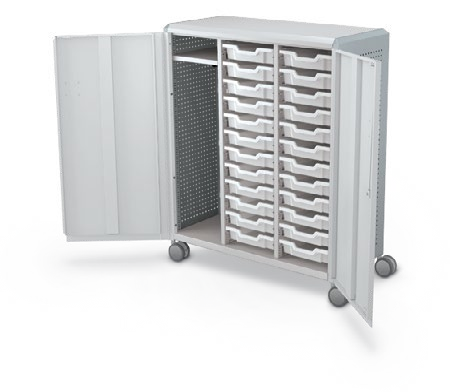 MooreCo Maxi H3 — Peg / With Doors / (24) 3" Totes + LH Wardrobe. Verified matching front configuration; back panel is not visible. Finish representative.