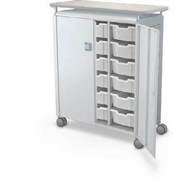 MooreCo Maxi H3 — Peg / With Doors / (18) 6" Totes / Laminate. Verified matching front configuration; back panel is not visible. Finish representative.