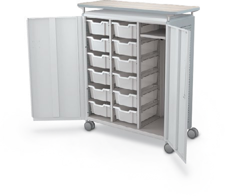MooreCo Maxi H3 — Peg / With Doors / (12) 6" Totes + RH Wardrobe / Laminate. Verified matching front configuration; back panel is not visible. Finish representative.
