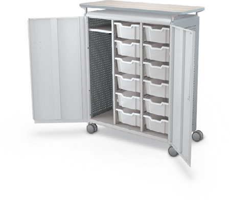 MooreCo Maxi H3 — Peg / With Doors / (12) 6" Totes + LH Wardrobe / Laminate. Verified matching front configuration; back panel is not visible. Finish representative.