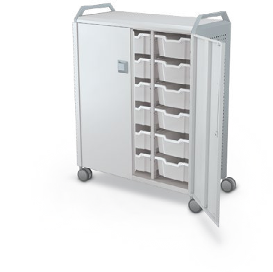 MooreCo Maxi H3 — Peg / With Doors / (18) 6" Totes / Handles. Verified matching front configuration; back panel is not visible. Finish representative.