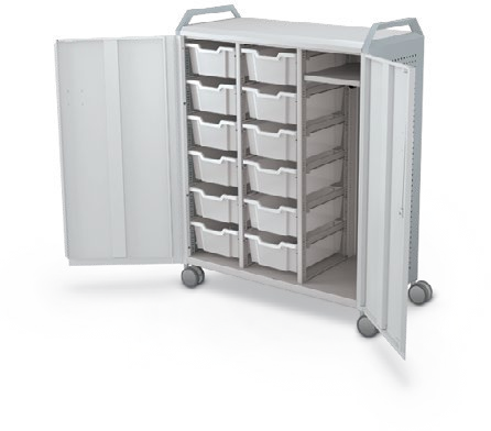 MooreCo Maxi H3 — Peg / With Doors / (12) 6" Totes + RH Wardrobe / Handles. Verified matching front configuration; back panel is not visible. Finish representative.