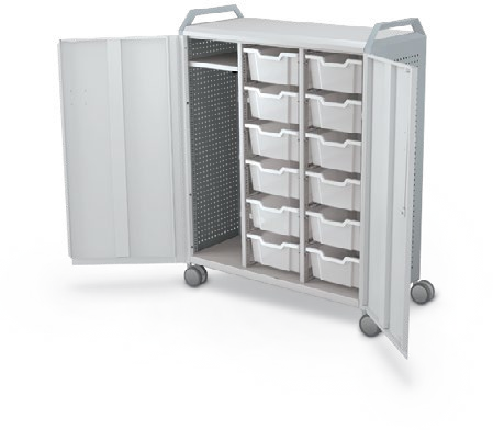 MooreCo Maxi H3 — Peg / With Doors / (12) 6" Totes + LH Wardrobe / Handles. Verified matching front configuration; back panel is not visible. Finish representative.