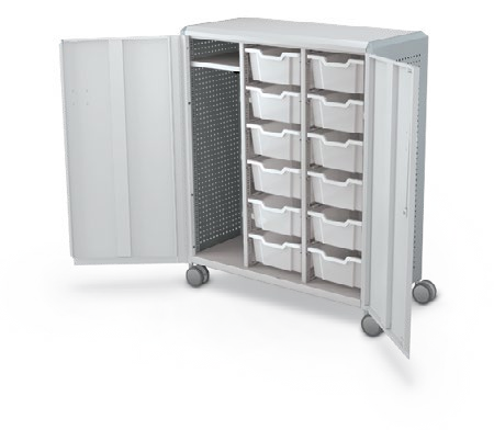 MooreCo Maxi H3 — Peg / With Doors / (12) 6" Totes + LH Wardrobe. Verified matching front configuration; back panel is not visible. Finish representative.
