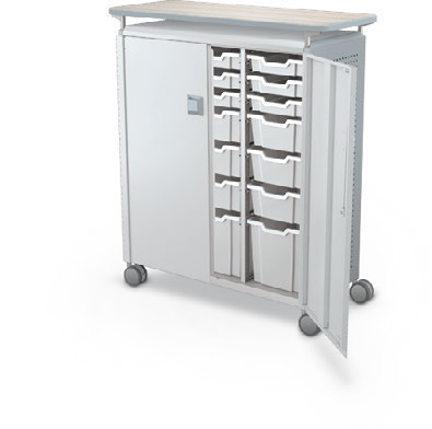 MooreCo Maxi H3 — Peg / With Doors / (9) 3" Totes + (9) 6" Totes + (3) 12" Totes / Laminate. Verified matching front configuration; back panel is not visible. Finish representative.