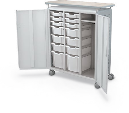 MooreCo Maxi H3 — Peg / With Doors / (6) 3" Totes + (6) 6" Totes + (2) 12" Totes + RH Wardrobe / Laminate. Verified matching front configuration; back panel is not visible. Finish representative.