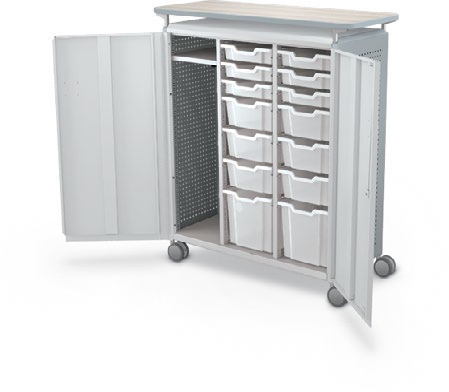 MooreCo Maxi H3 — Peg / With Doors / (6) 3" Totes + (6) 6" Totes + (2) 12" Totes + LH Wardrobe / Laminate. Verified matching front configuration; back panel is not visible. Finish representative.