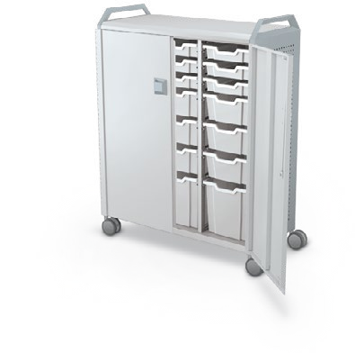 MooreCo Maxi H3 — Peg / With Doors / (9) 3" Totes + (9) 6" Totes + (3) 12" Totes / Handles. Verified matching front configuration; back panel is not visible. Finish representative.