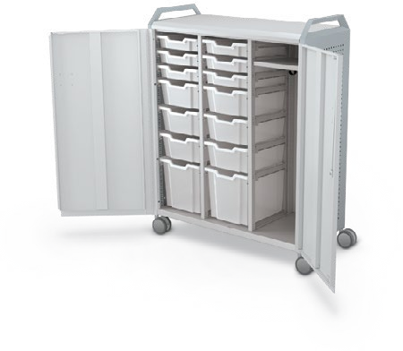 MooreCo Maxi H3 — Peg / With Doors / (6) 3" Totes + (6) 6" Totes + (2) 12" Totes + RH Wardrobe / Handles. Verified matching front configuration; back panel is not visible. Finish representative.