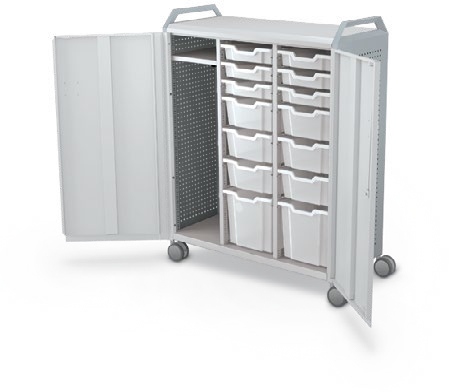 MooreCo Maxi H3 — Peg / With Doors / (6) 3" Totes + (6) 6" Totes + (2) 12" Totes + LH Wardrobe / Handles. Verified matching front configuration; back panel is not visible. Finish representative.