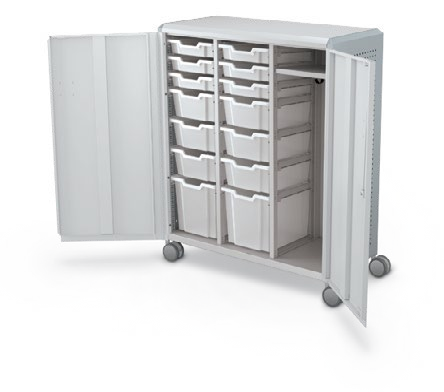 MooreCo Maxi H3 — Peg / With Doors / (6) 3" Totes + (6) 6" Totes + (2) 12" Totes + RH Wardrobe. Verified matching front configuration; back panel is not visible. Finish representative.