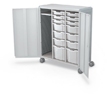 MooreCo Maxi H3 — Peg / With Doors / (6) 3" Totes + (6) 6" Totes + (2) 12" Totes + LH Wardrobe. Verified matching front configuration; back panel is not visible. Finish representative.