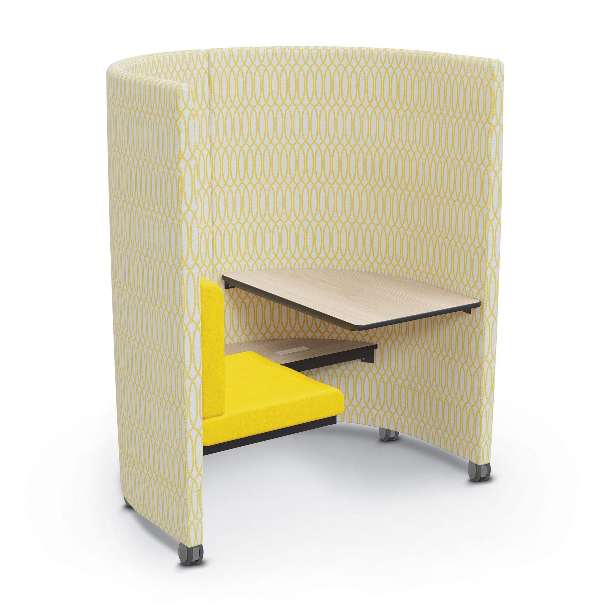 Privacy Pod — Privacy Pod – Tall. Single-seat pod and wall height verified; upholstery, orientation and finish representative. Power connections are not shown.