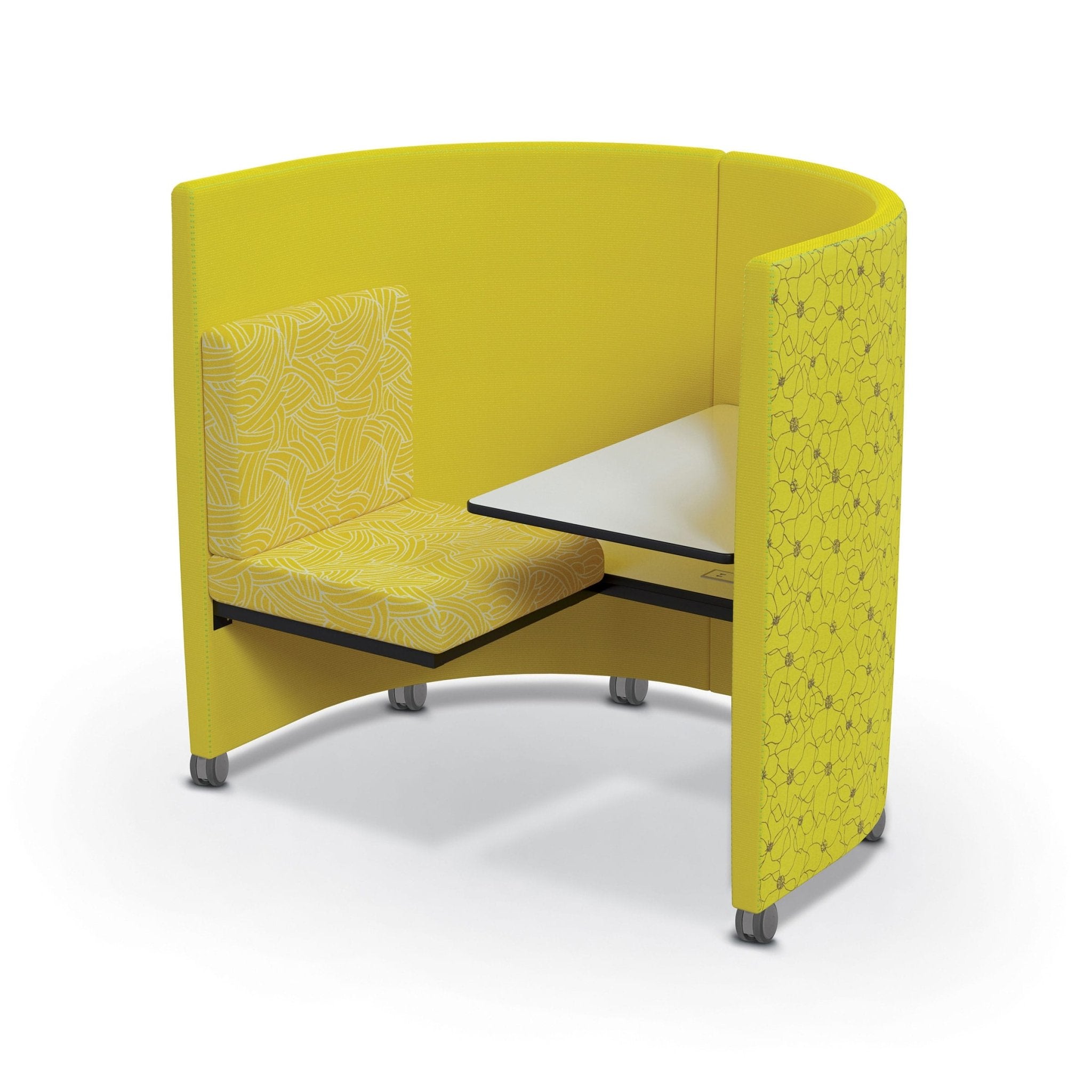 Privacy Pod — Privacy Pod – Short. Single-seat pod and wall height verified; upholstery, orientation and finish representative. Power connections are not shown.