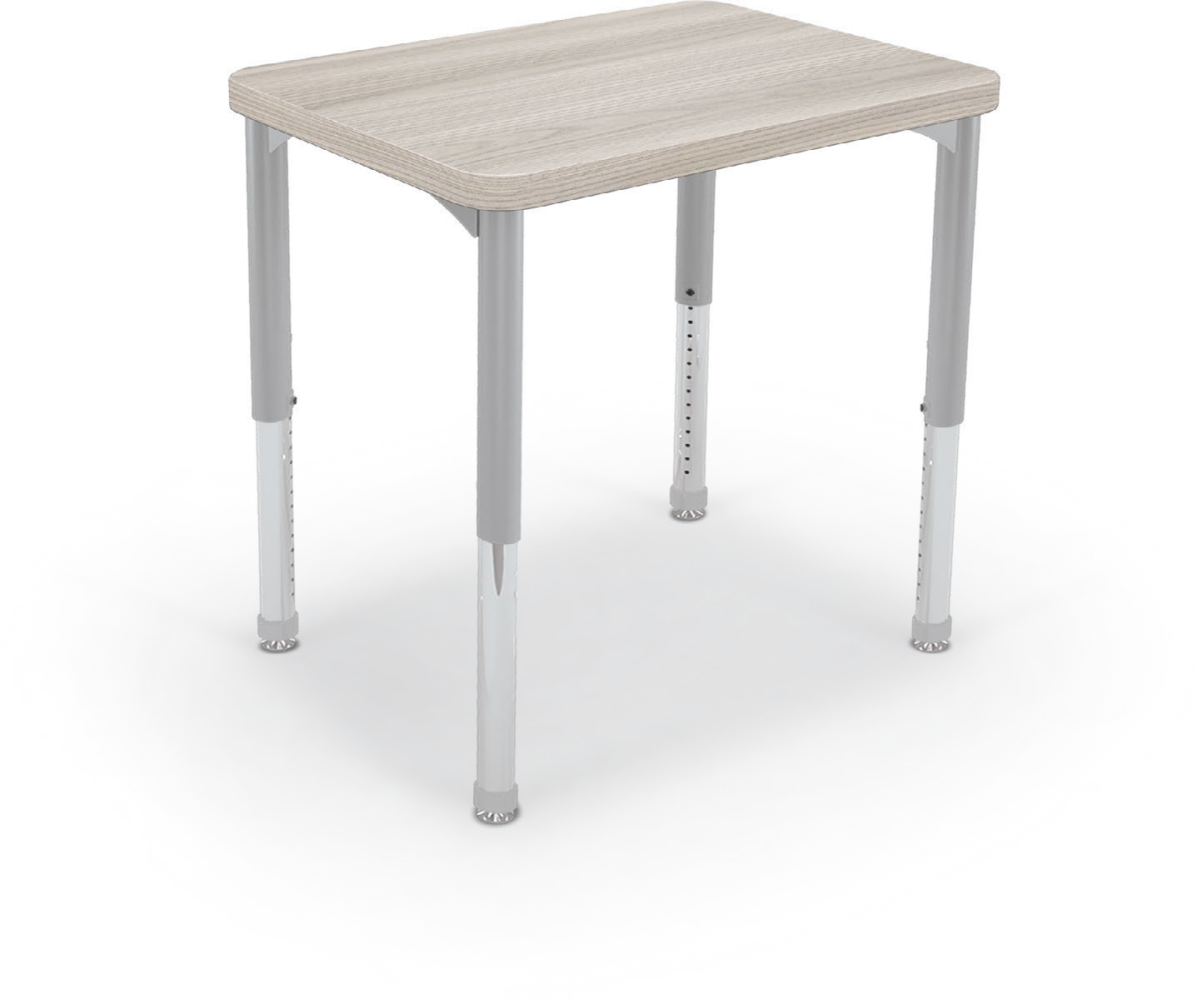 Hierarchy Snap Desk — Rectangle / Platinum - (22"-32"H). Shape verified; finish, height setting and dimensions representative. Props not included.