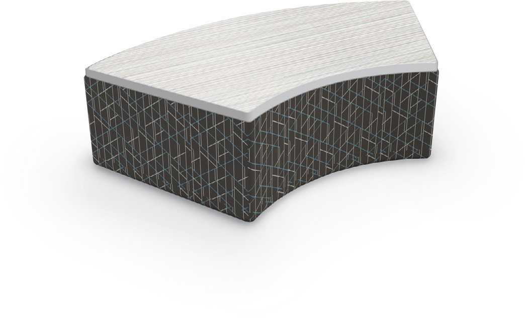 Variable Height Ottomans – Rectangular & 60° Curved — Variable Height Ottoman – 60º Curve – Low – Table Top. Configuration verified; upholstery/finish representative.
