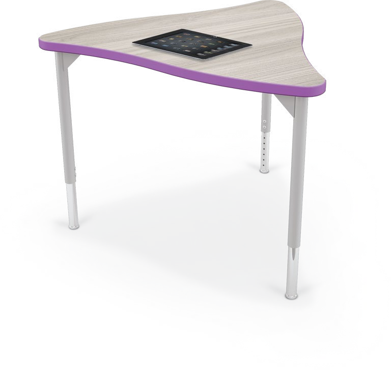 Hierarchy Creator Desks — Triangle / Platinum - (22"-32"H). Shape verified; finish, height setting and dimensions representative. Props not included.