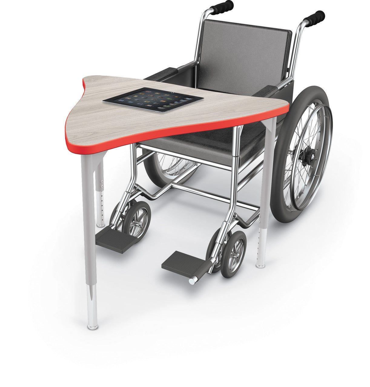 Hierarchy Creator Desks — Triangle (ADA). Shape verified from retailer product page; finish, leg color and height setting representative. Wheelchair and props shown are not included.